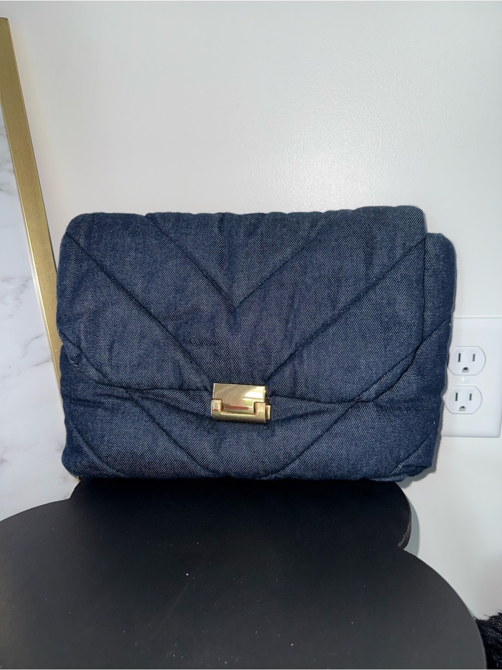 Zara Quilted Denim Clutch Bag with Gold Turn-Lock